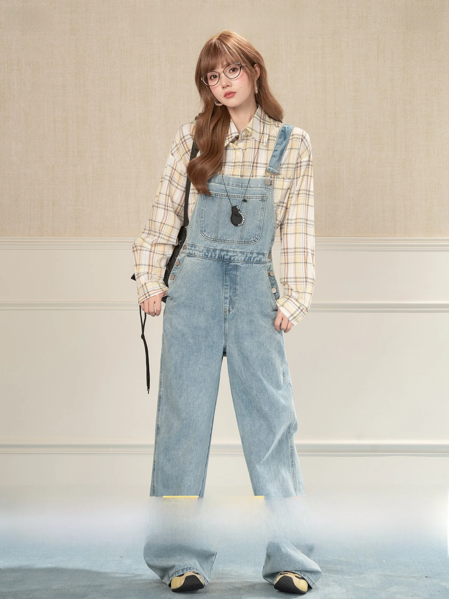 

Heynew Vintage Light Blue Straight Leg Overalls Women's Loose Slim Wide Leg Long Pants Spring New Style High Waist Denim