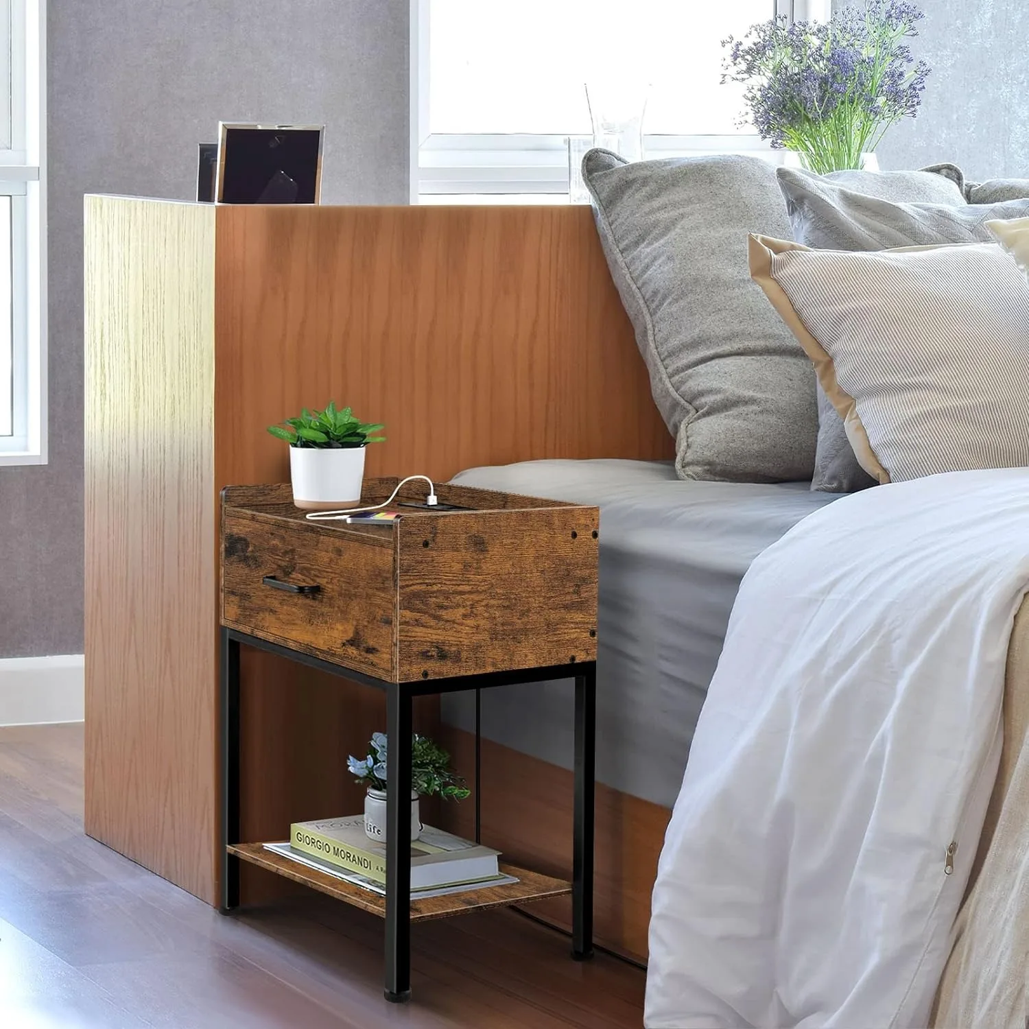 23 inch bedside table with charging station and USB port, 3-layer bedside table with storage drawers, suitable for small spaces