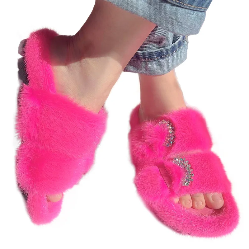 Summer Woman Real Fur Mink Slippers Ladies Fur Luxury Fluffy Plush Slipper Soft Fuzzy Platform Indoor Casual Female Sandals