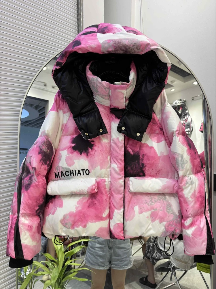 Piumino da strada alla moda Abbigliamento invernale da donna 2025 Nuovo vintage Y2k stampato con cappuccio sciolto piumino d'anatra bianca Abbigliamento esterno