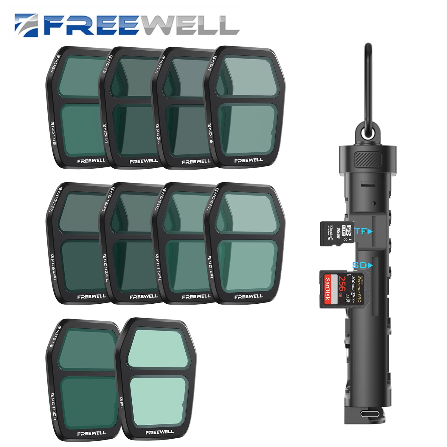 Комплект фильтров Freewell Drones Split ND, 11 упаковок фильтров ND/PL ND и устройство чтения карт TF для объективов DJI Air 3S, аксессуары для камеры