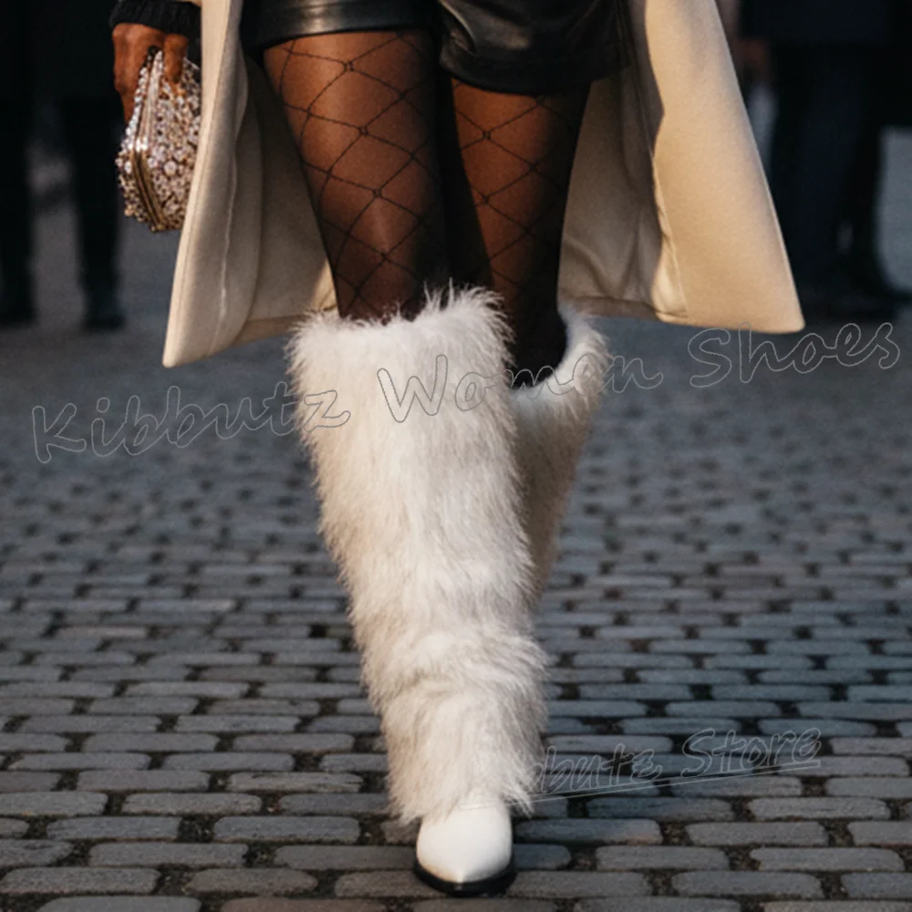 

Furry Knee High Boots Winter Warm Pointy Chunky Heels Slip-On Women Party Shoes Fashion Elegant Comfortable Sexy Novelty Newest