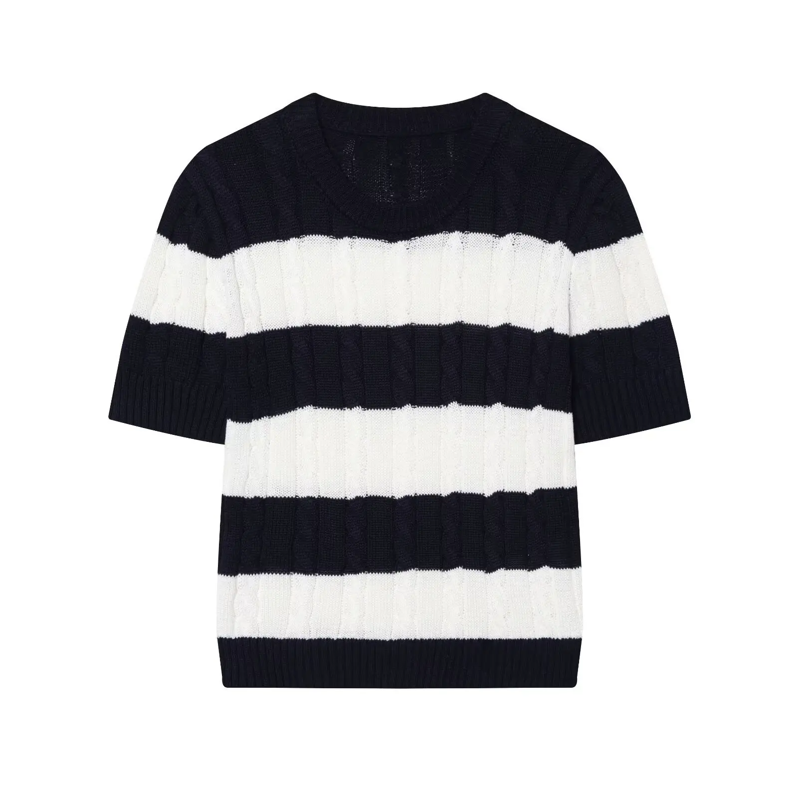 

Withered Versatile Casual Short Sleeved Round Neck Eight Ply Woven Striped Sweater Knitwear Woman Clothing Woman Clothes