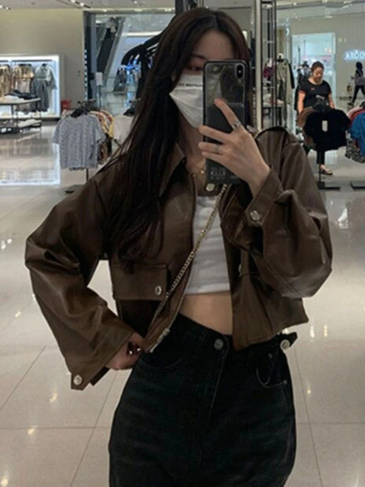 Autumn Brown Cropped Leather Jacket Women Korean Fashion Thin Loose Biker Coat Female 2022 Winter Warm Outerwear Casual Chic Top