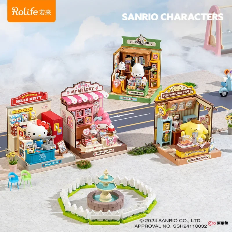 Sanrio blocos de construção de madeira diy casa caixa de música decoração de mesa quebra-cabeça montagem modelo brinquedos presentes de aniversário para crianças