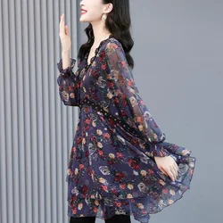 Elegant Ruffles Printed Shirring Beading Lace Blouse Women's Clothing Autumn New Casual Pullovers Chiffon Office Lady Shirt