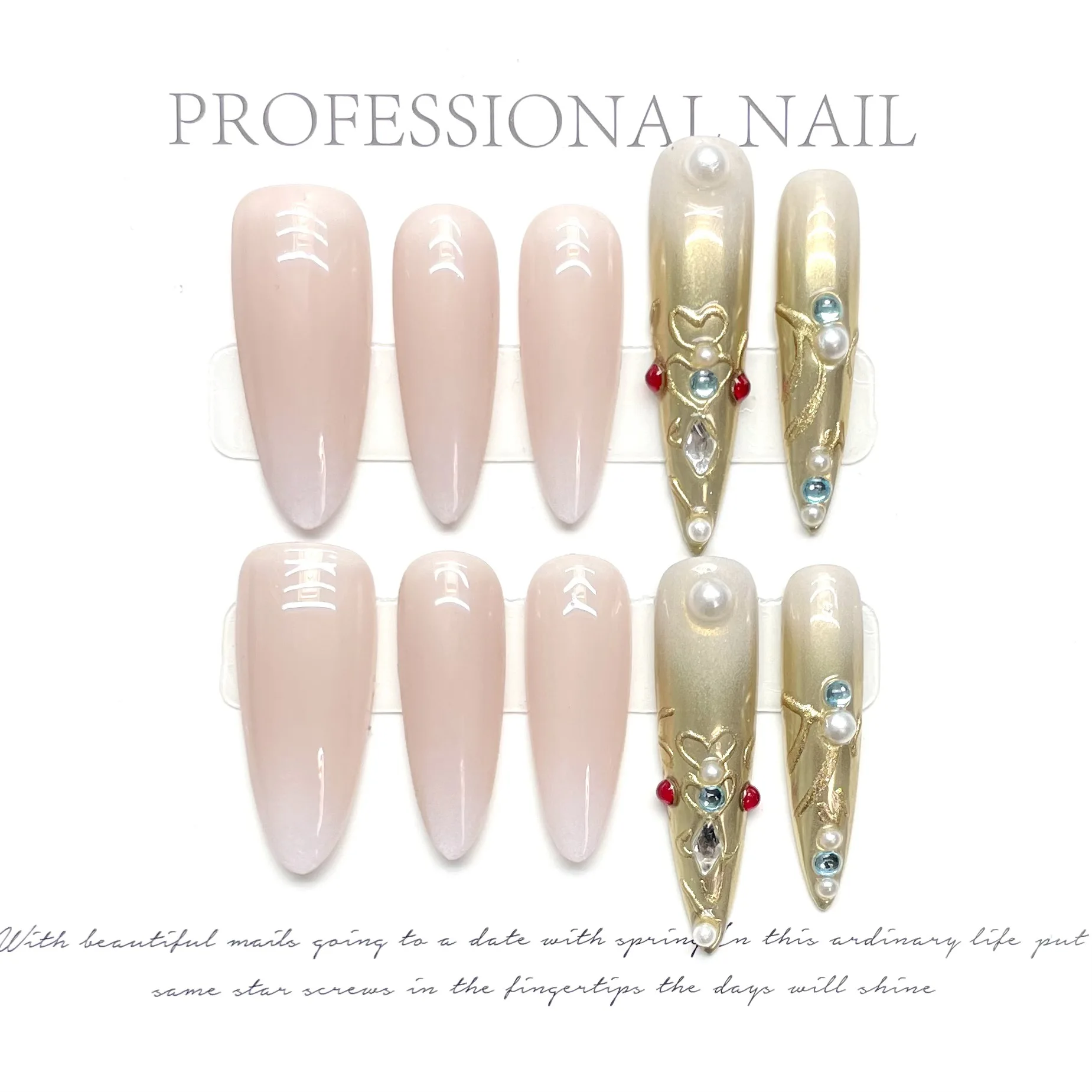 10pcs Vintage Palace Style Handmade Long Fake Nails Stiletto Luxury Flash Diamond Decor Y2K Almond False Nails Press On Nails