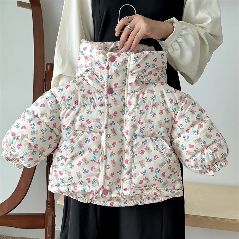 Girls Thicken Parkas Kids Plus Velvet Down Coats Winter Children Padded Warm Jackets Baby Hooded Clothing Infant Print Outerwear