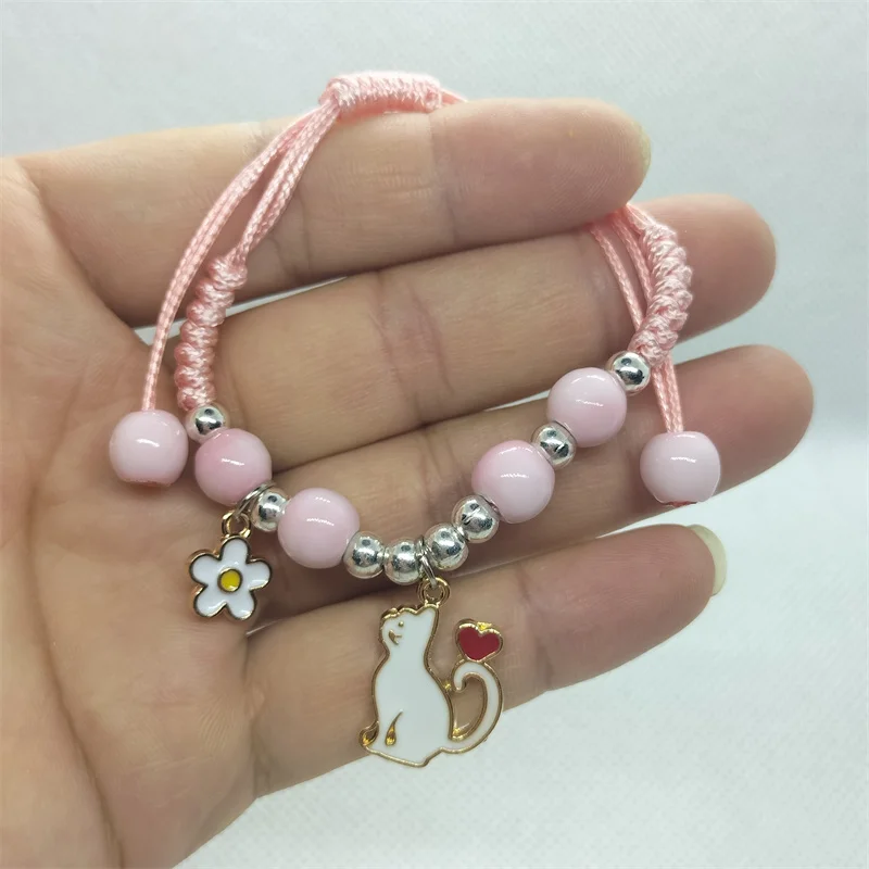 Yungqi Cartoon Animal Cat Bracelet Hand Girl Kids Women Gift Friendship Enamel Flower Pendant Charm Strap Rope Bracelets Jewelry