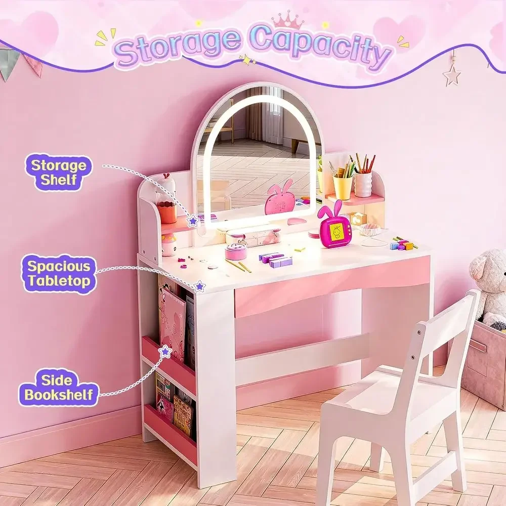 Children's Vanity Table and Chair Set with Lights, Toddler Makeup Desk for Girls, Storage Shelves, Open Bookshelf and Stool, Whi
