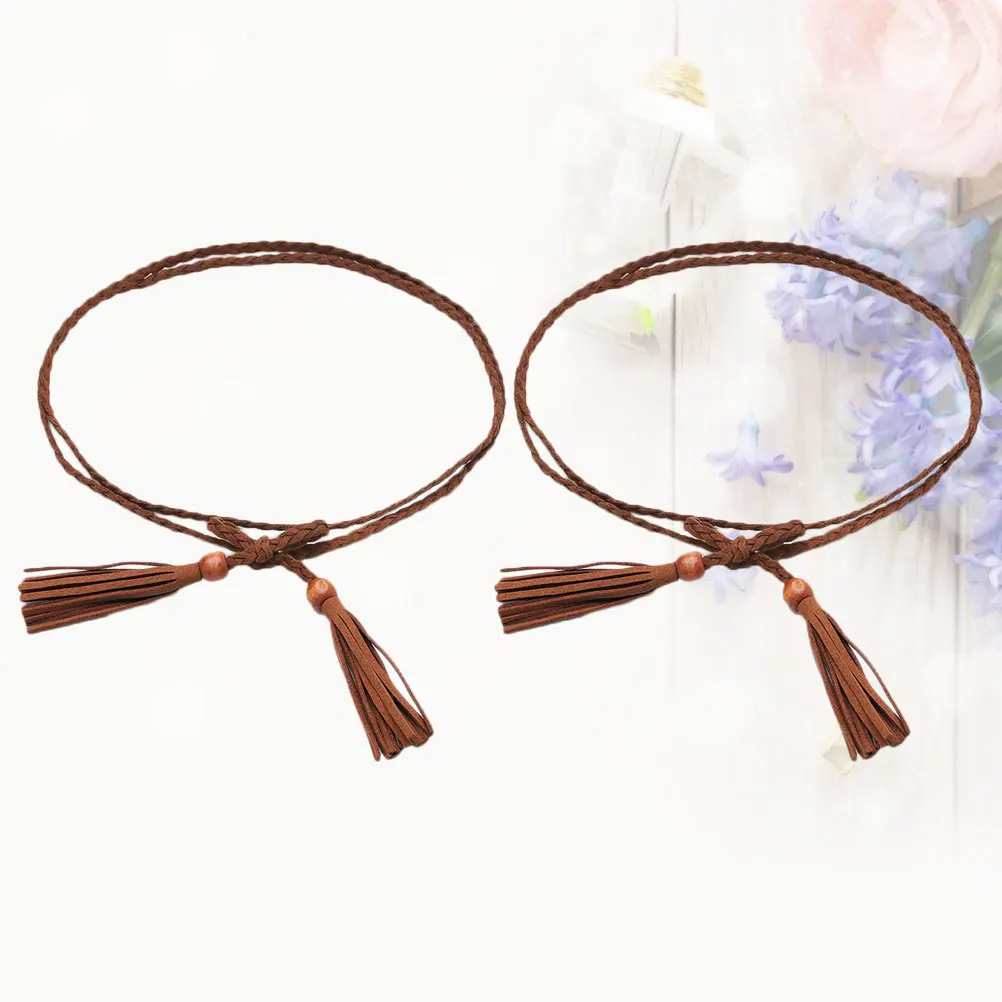 

2 Pcs Slim Waist Chain Dress PU Material Belt Fashion Waistband Clothing Adjustable Weaving Retro Style