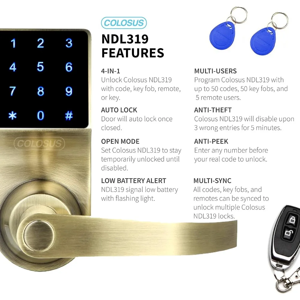 COLOSUS NDL319 Electronic Trusted Digital Keyless Door Lock for Home & Office Security, Touchscreen – 50 User Codes + 4 Key Fobs