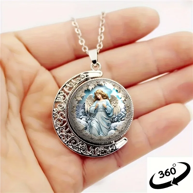 Fashion 1pc Stylish And Elegant Rotatable Pendant Necklace With Angel Pattern,Made Of Glass & AlloyRomantic Gift Jewelryin a nic