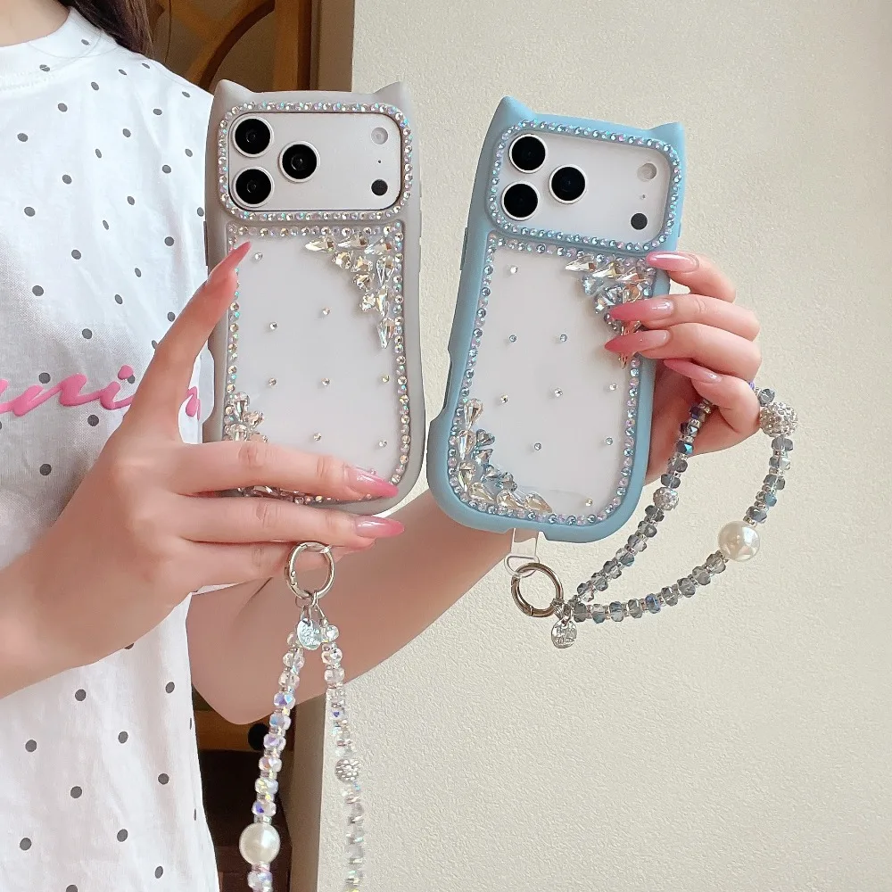 For iPhone 17 Pro Max Case Cat Ear Bling Rhinestone Case With Pearl Beaded Charm Strap Compatible with iPhone 16 15 14 13