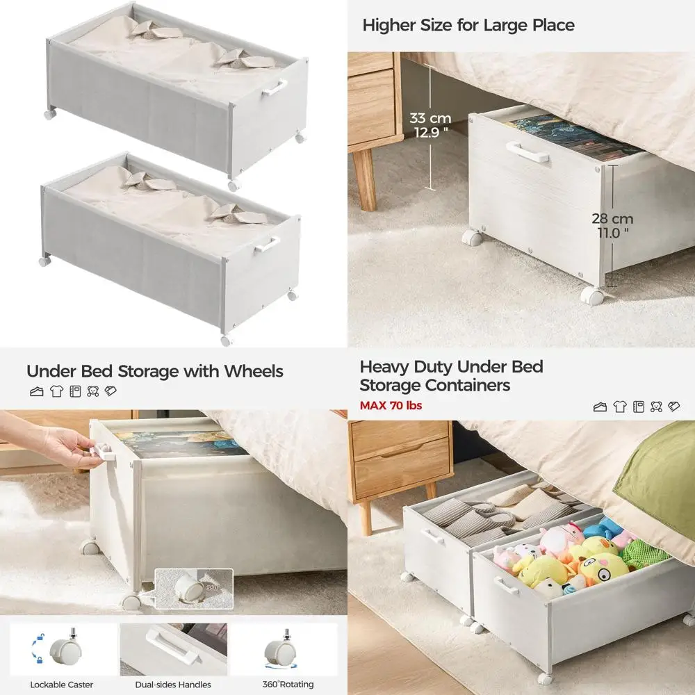 

Rolling Wooden Underbed Storage Box, White, 90L Capacity, Space-Saving, Suitable for Shoes
