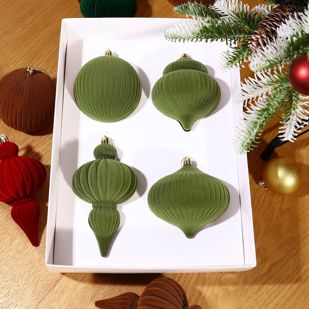 

4Pcs Flocking Christmas Ball Ornaments Special-shaped Flocking Christmas Tree Party Decoration Christmas Spheres Pendant New