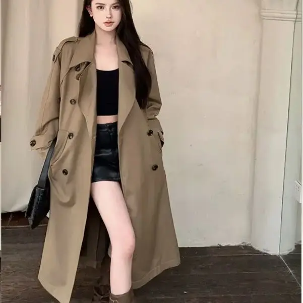 

Korea khaki large lapel trench coat 2024 autumn loose strap temperament long cardigan coat