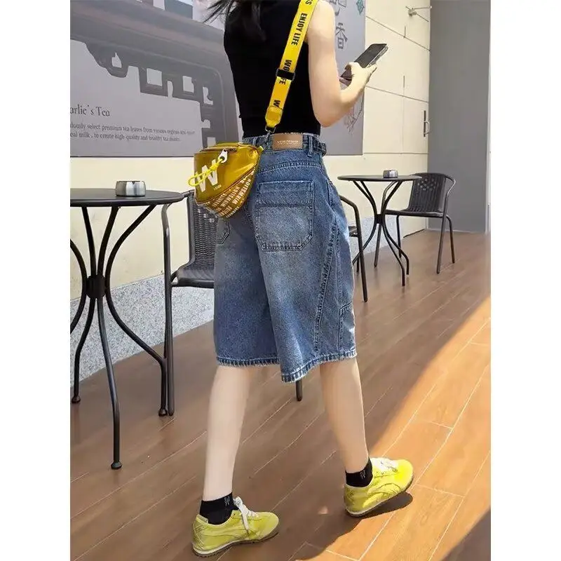 

Summer New plus Size Fashion Design Wide Leg Jeans mid Length Women's plus Size High Waist Slimming Loose Five-Quarter Pants