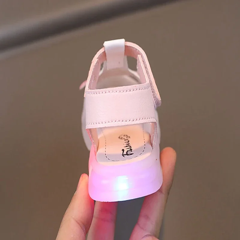 Sandalias de Disney con luz LED para niñas, zapatos de princesa de dibujos animados de Frozen y Elsa, sandalias de playa para niños pequeños