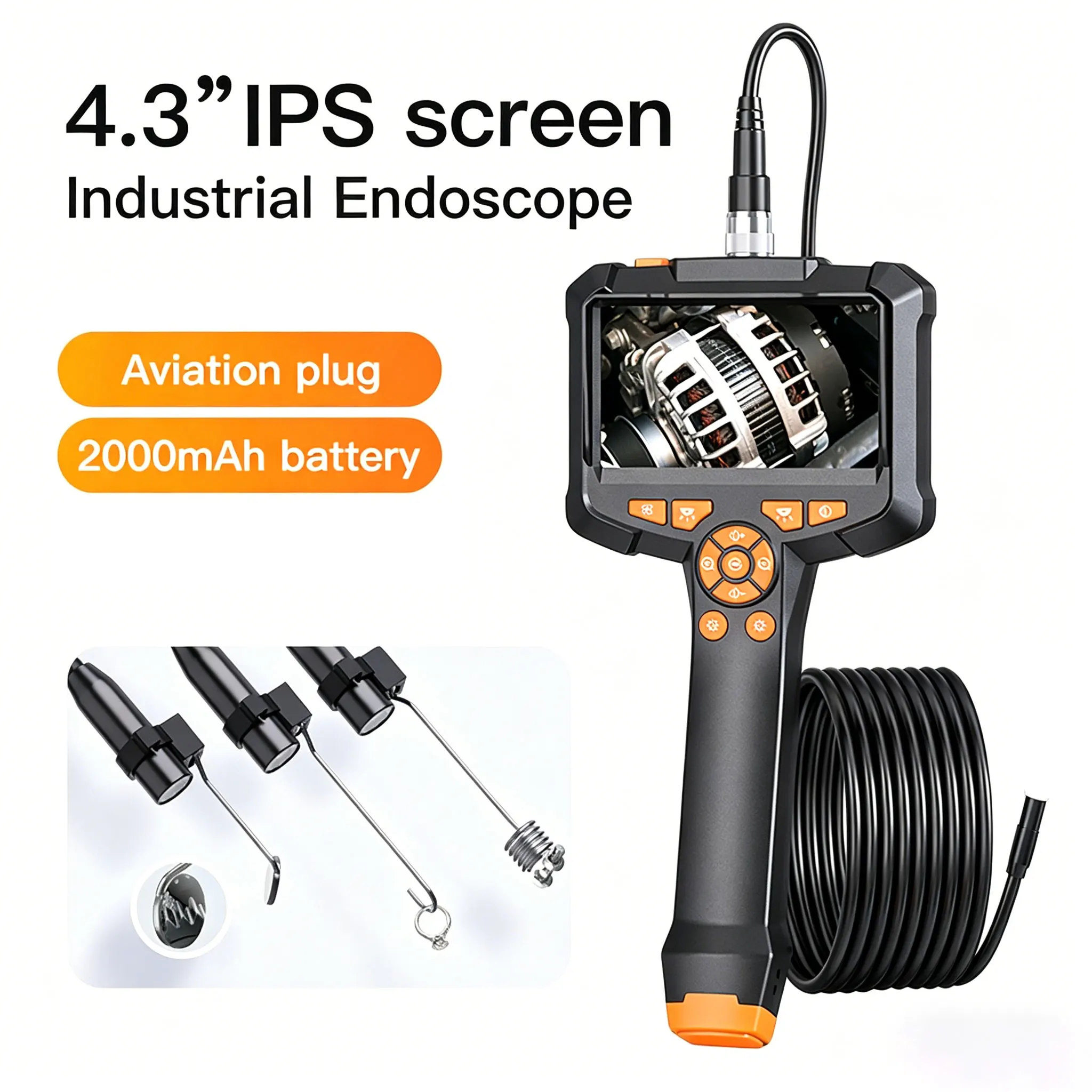 Caméra endoscopique à objectif 8 mm avec lumière réglable, 1080P, 4,3 pouces, caméra d'inspection des égouts, outils étanches IP67 pour la réparation