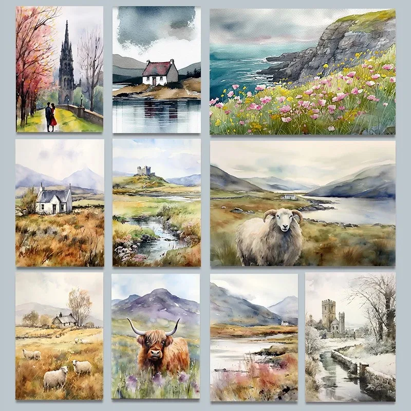 Castle Wilderness Sheep Cottage Lake Ireland Scotland Poster Watercolor Canvas Painting Wall Art Office Home Decor