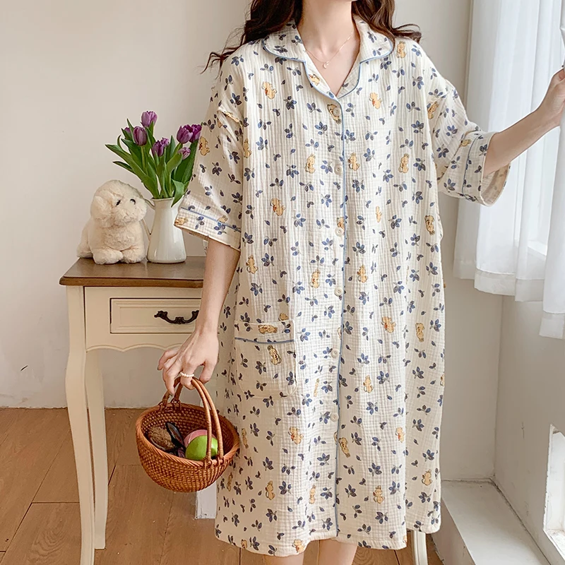 100% Cotton Double Gauze Nursing Nightdress for Maternity Summer Soft Thin Floral Printed Sleepwear Pregnancy Home Hospital Wear