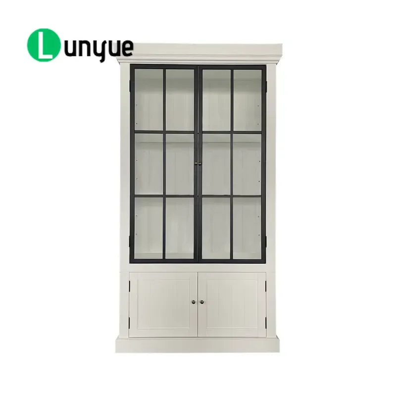 French Style Solid Wood Display Cabinet with Glass Door White Kitchen Storage Furniture Iron Frame Design Home Decor