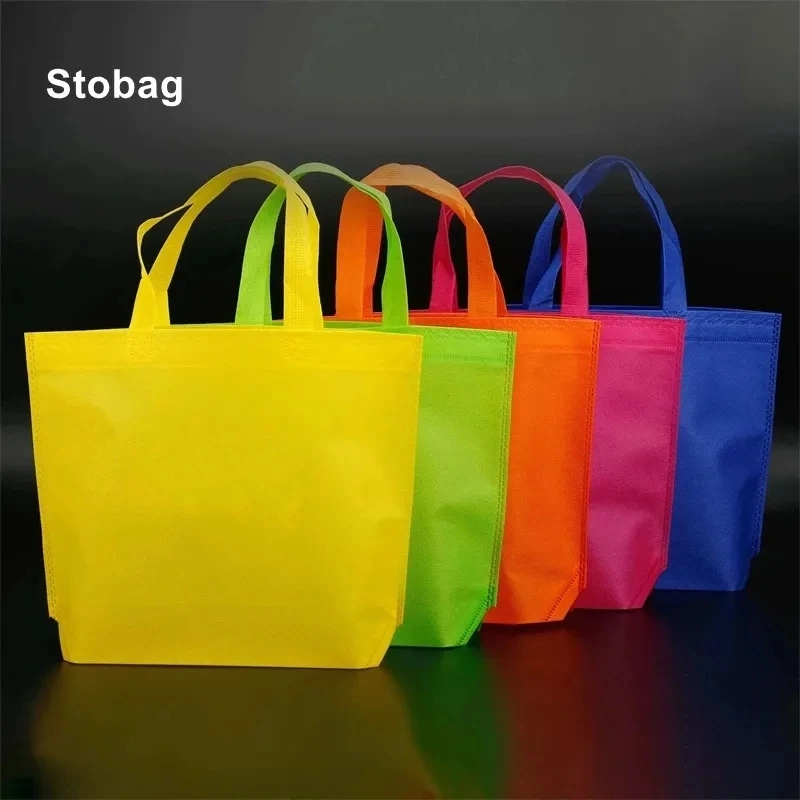 StoBag 10 pezzi Non tessuto Eco Shopping Tote Bags tessuto tela riutilizzabile con manico sacchetti regalo Logo personalizzato (tassa Extra)