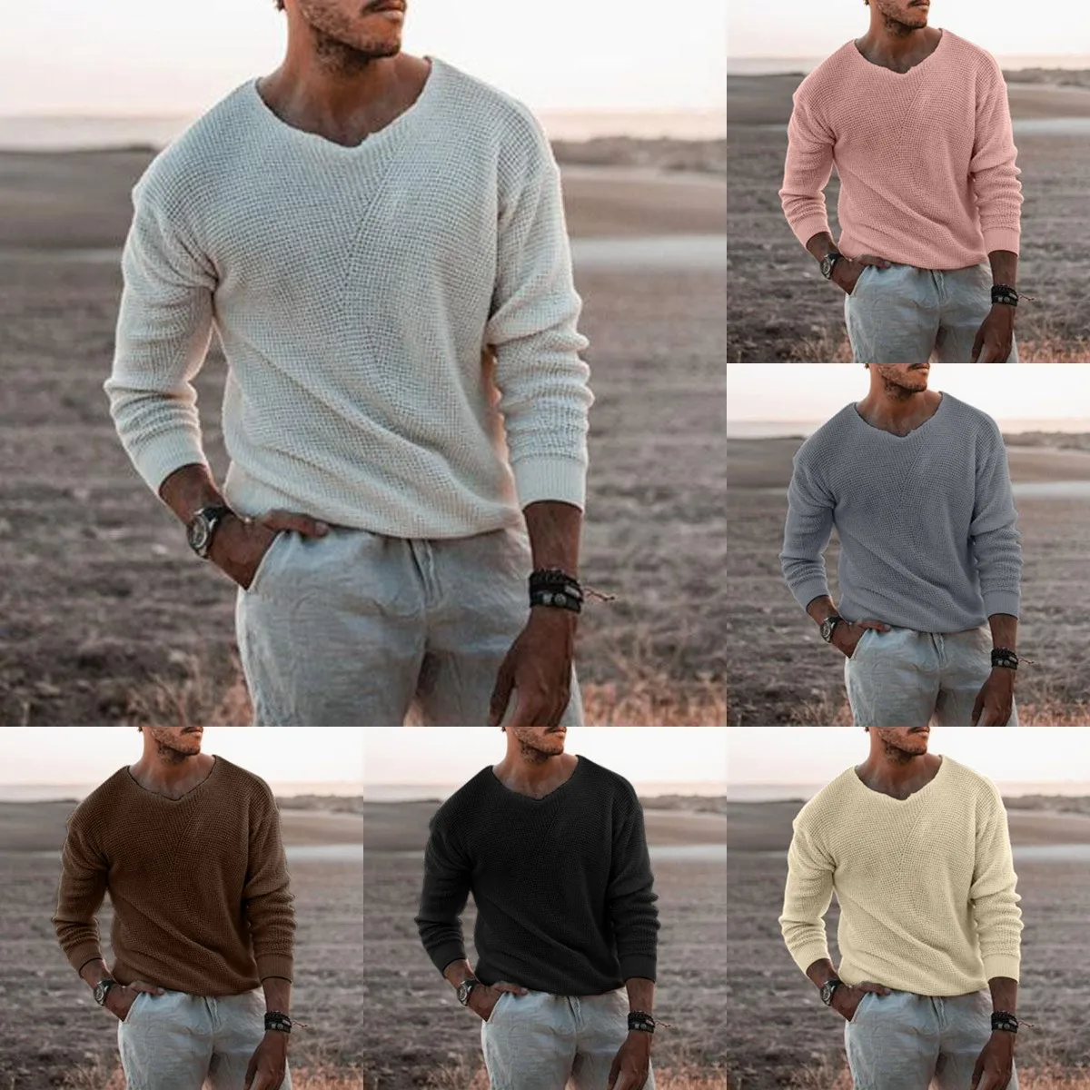 2022 Spring Men Sweater Fashion Solid Color V Neck Long Sleeve Knitted Pullover Sweater Soft Slim Casual Sweater