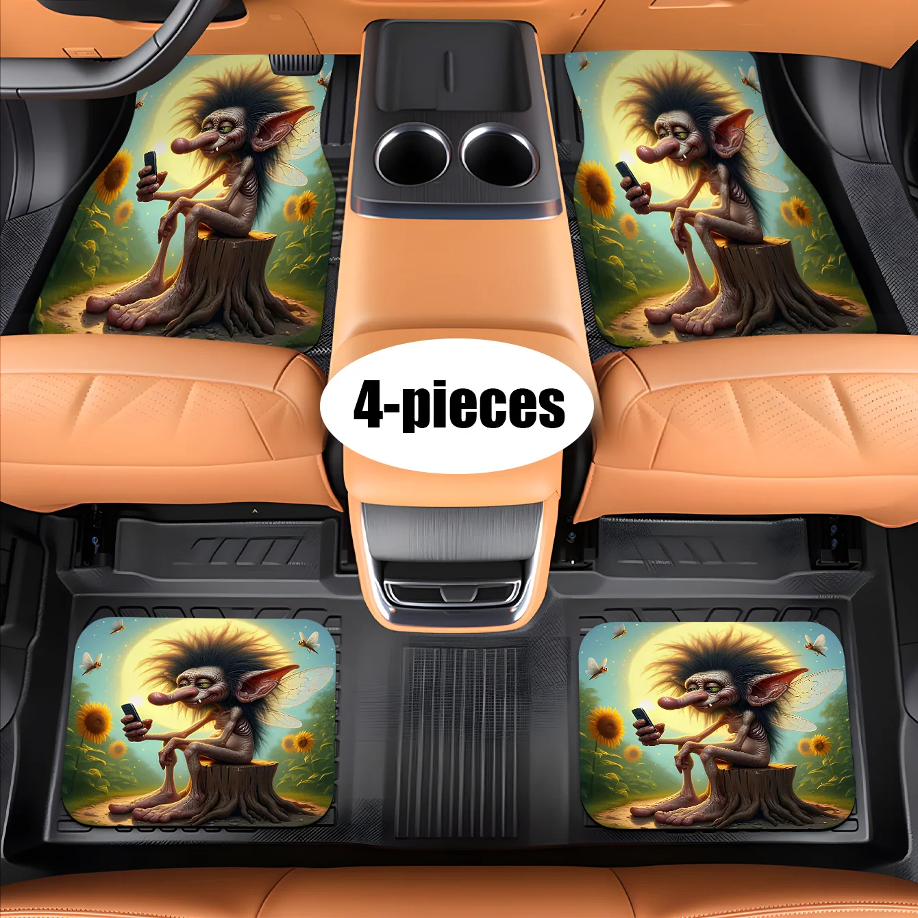 4pcs Car Floor Mats - Tree Stump Sitting Monster Design, Durable, Easy To Clean, Non-Slip Backing, Perfect For All Car Models, I