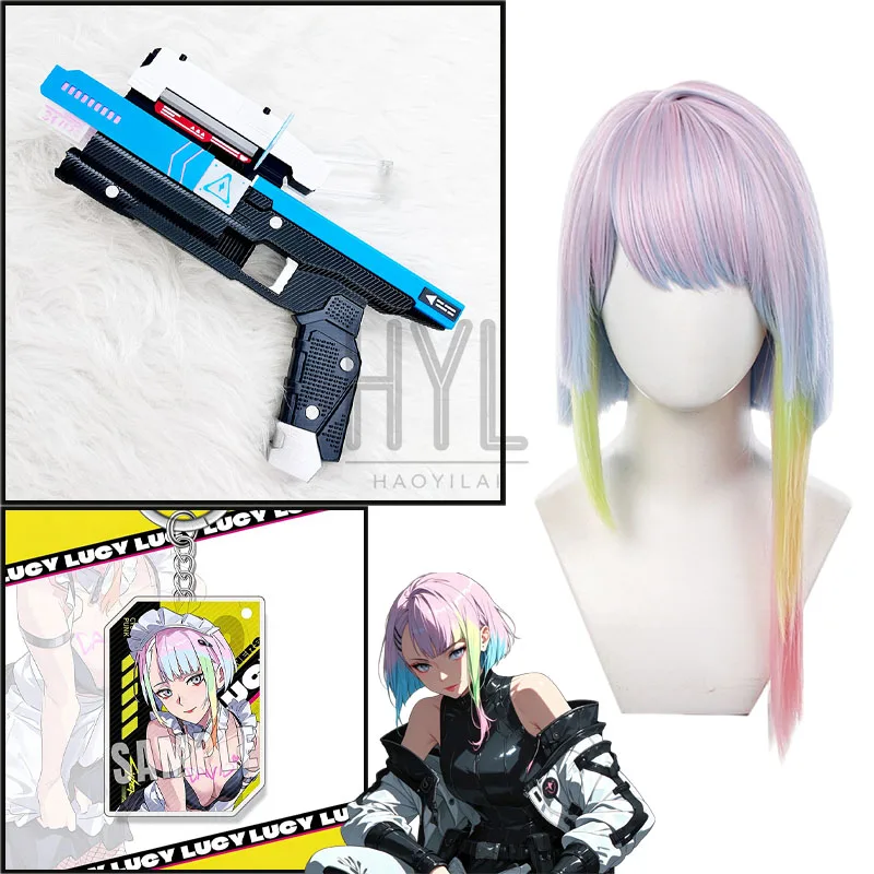 Anime Cyberpunk: Edgerunners Lucyna Cosplay Wig Short Synthetic Hair Keychian For Women Men Halloween Carnival Party Props