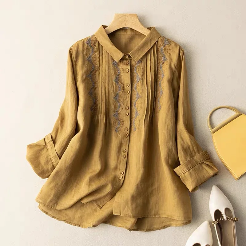 Cotton Linen Shirt for Women Summer 2023 New In Embroidery Vintage Blouses Loose Long Sleeve Top Turn-down Collar