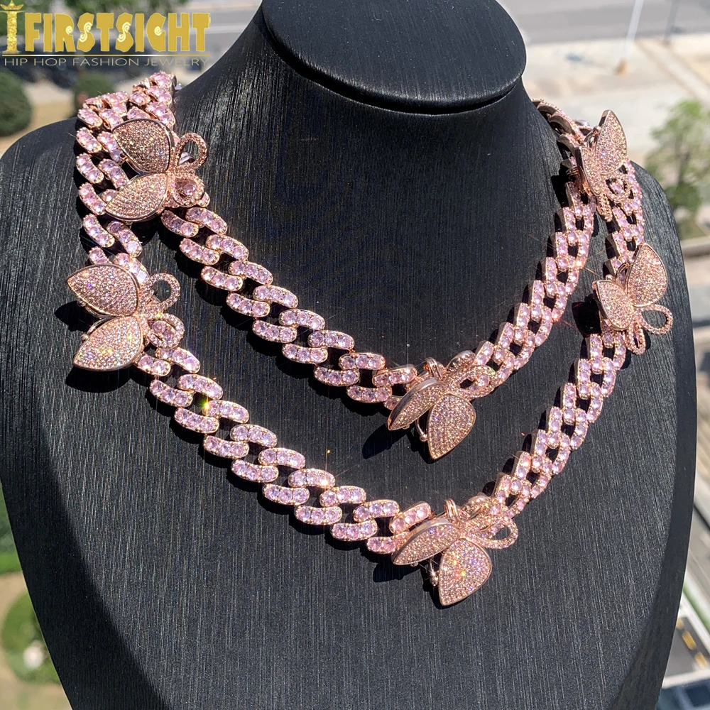 

Iced Out 12mm Cuban Chain Pink CZ Butterfly Necklace CZ Zircon Color Choker Luxury Bling Jewelry Fashion Hip Hop For Women