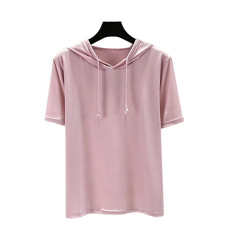 Icesilk Tshirt donna estate t-shirt con cappuccio maniche corte colore-Mix sciolto casual Tee top abbigliamento moda