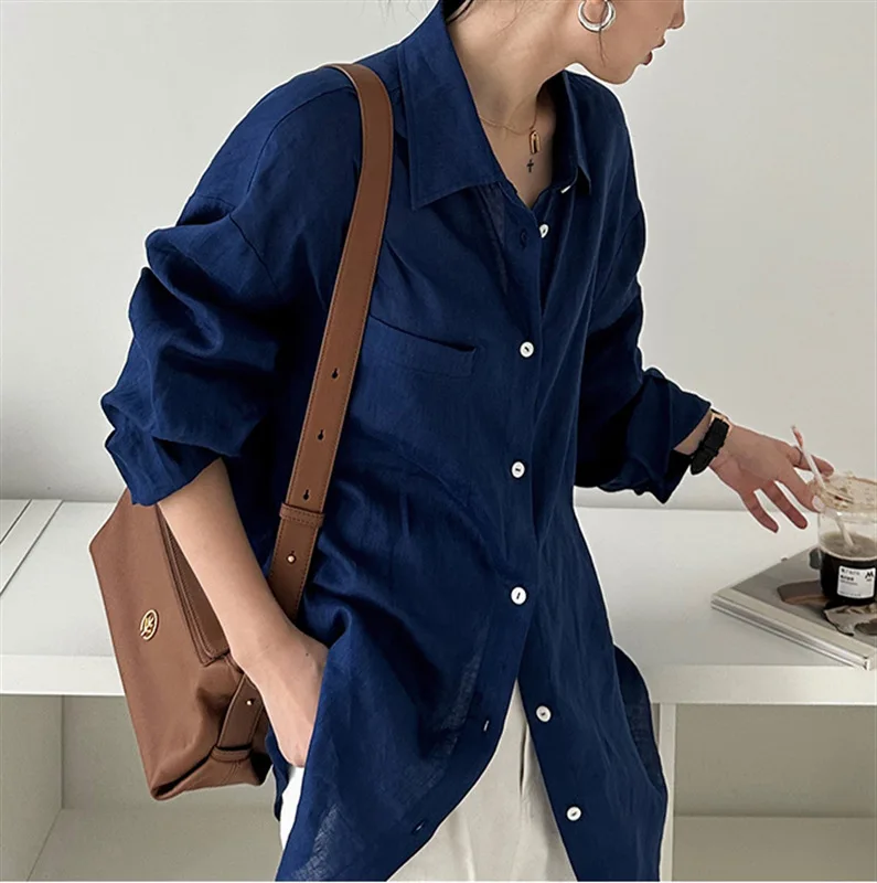 Casual Linen Blue Shirt Women Spring and Summer Sun Protection Cardigan Solid Color All-match Shirts with Button Lady Streetwear