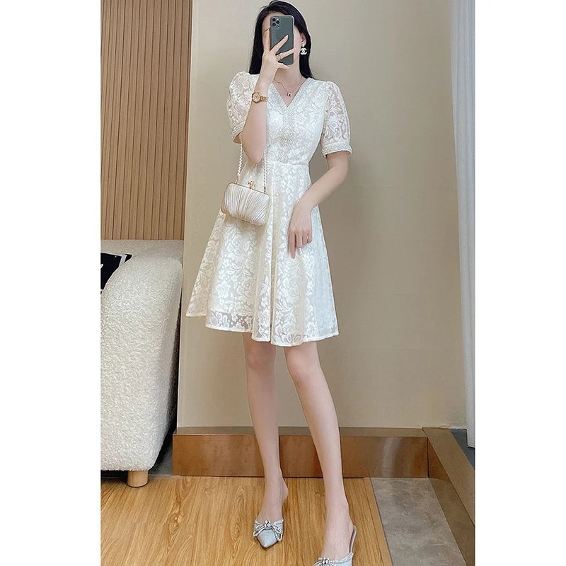 Elegant V-Neck Spliced Beading Puff Sleeve Lace Dress Women Clothing 2024 Summer New Loose Office Lady Solid Color Party Dress