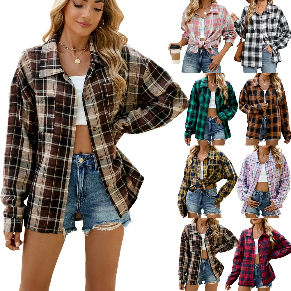 Europe and the United States 2024 autumn and winter new lapel long sleeve pocket button plaid shirt blouse woman