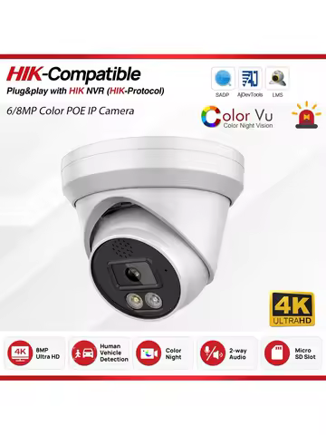 Hikvision Compatible 6MP/8MP Full Color Two-way Audio Turret IP Camera 1/2.8″ Sony CMOS Sensor Vehicle & Human Body Detection