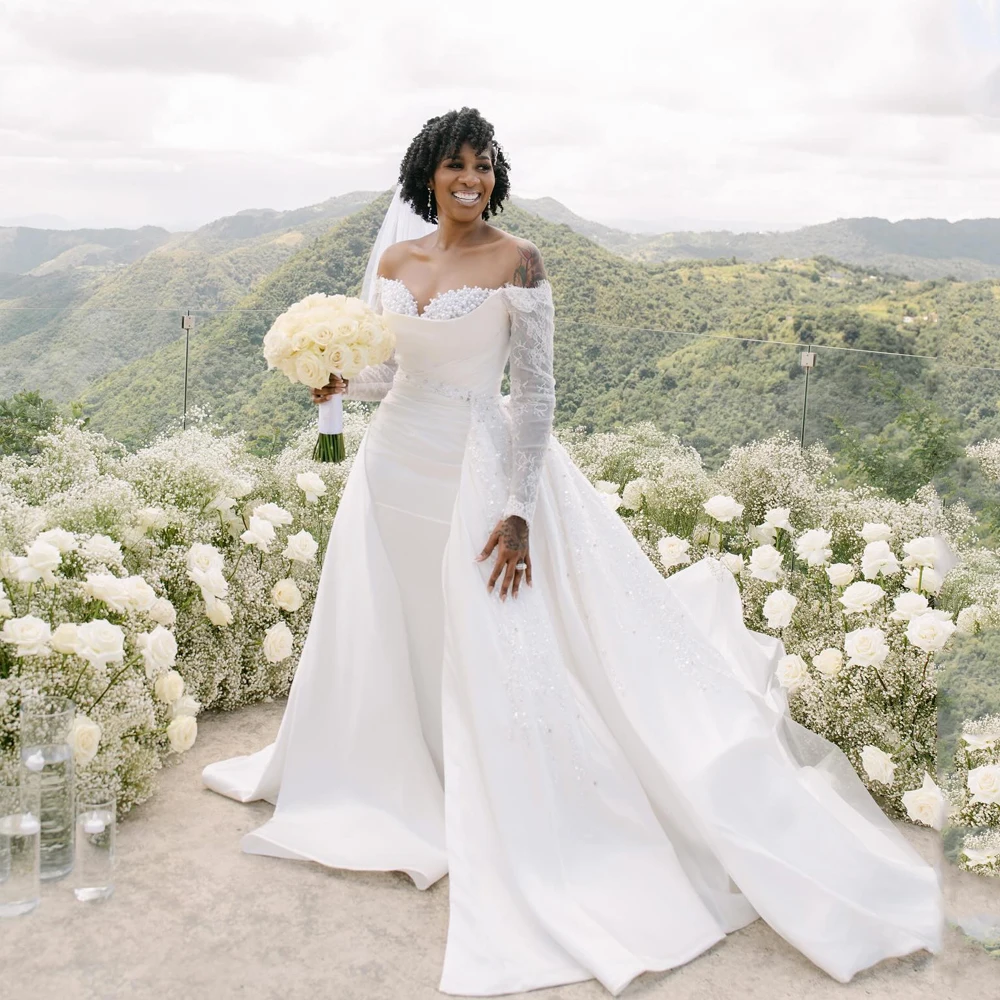 

Pearls 2 In 1 Wedding Dresses For Bridal Strapless Long Sleeve Mermaid Beaded Nigeria vestido novia Detachable Train Customized