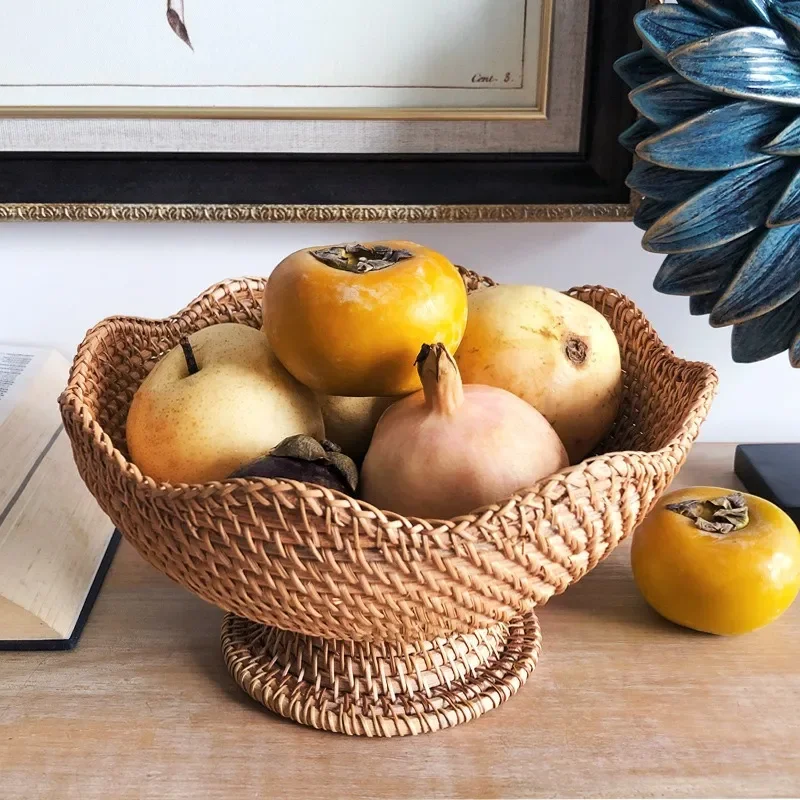 Natural Rattan Fruit Basket Handwoven Storage Box for Snacks Candy Dried Fruits Home Decor Kitchen Organizer Tray Plate
