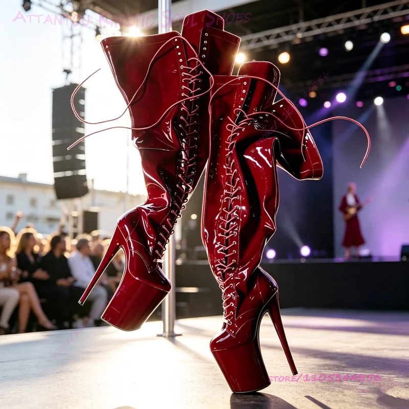 

Vibrant Deep Burgundy Great Thigh High Boots 20cm 8 Inch Pole Dancing Length Lace Up Platform Heels Custom Color women Sexy Shoe