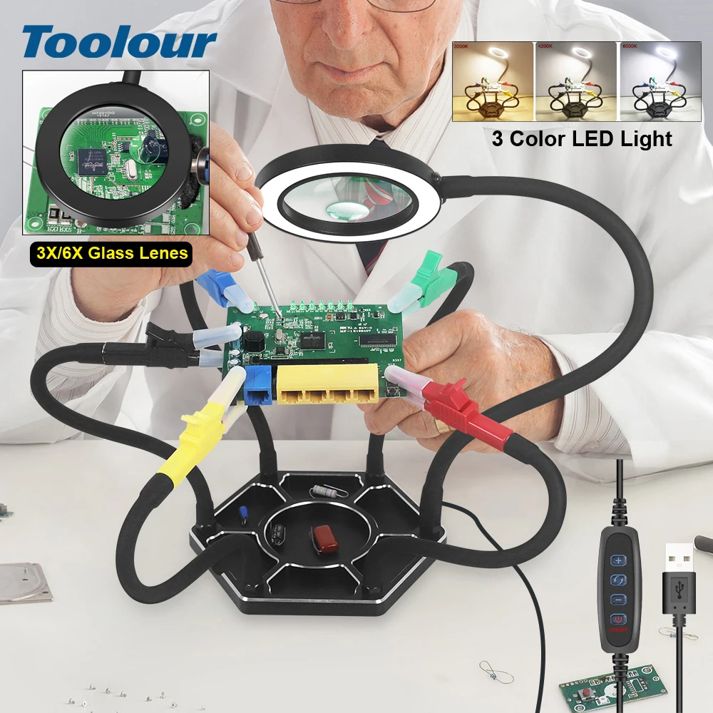 

Паяльная станция Toolour Helping Hands, увеличительное стекло, 5 гибких рук, паяльный инструмент для третьих рук для электронного ремонта, припоя