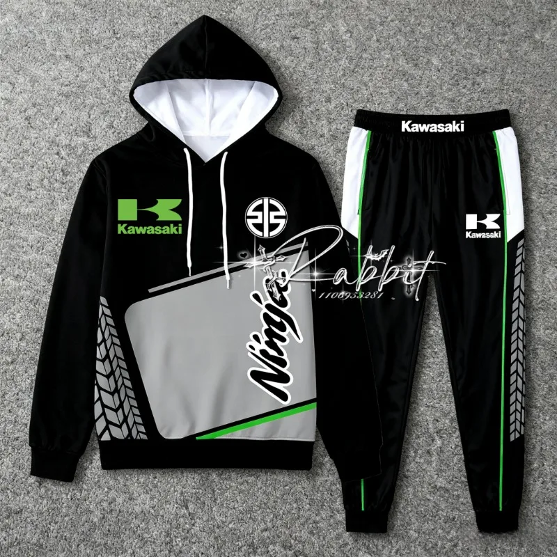 

2025/26 Kawasaki Racing Fashion Street MOTO Racing Sport Set Motorcycle Riding Hoodie and Pants Two Piece Track Rider Warmth Set