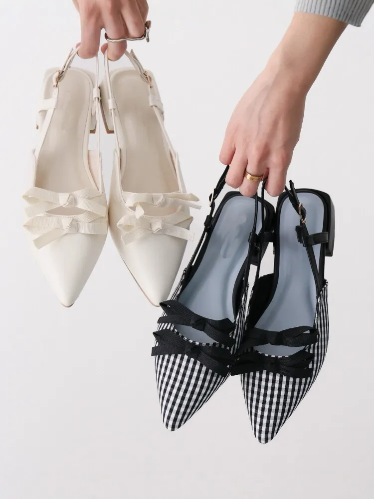 Japanese Daily Versatile Elegant Temperament Plaid Bow Pointed Single Shoes Female Mary Jane Shoes Ballet Sandals for Women