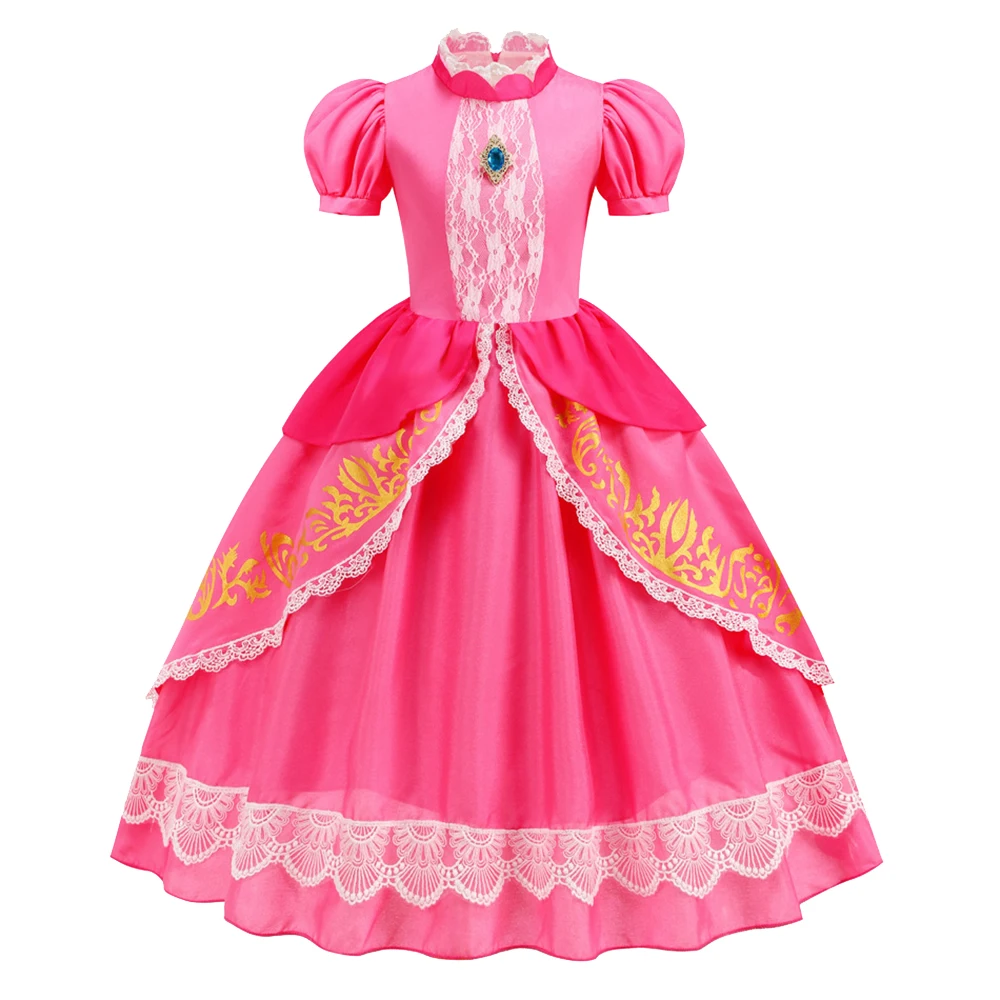 Girls Pink Princess Costume with Crown Gloves Kids Royal Ball Gown Dress Up 3-10Y