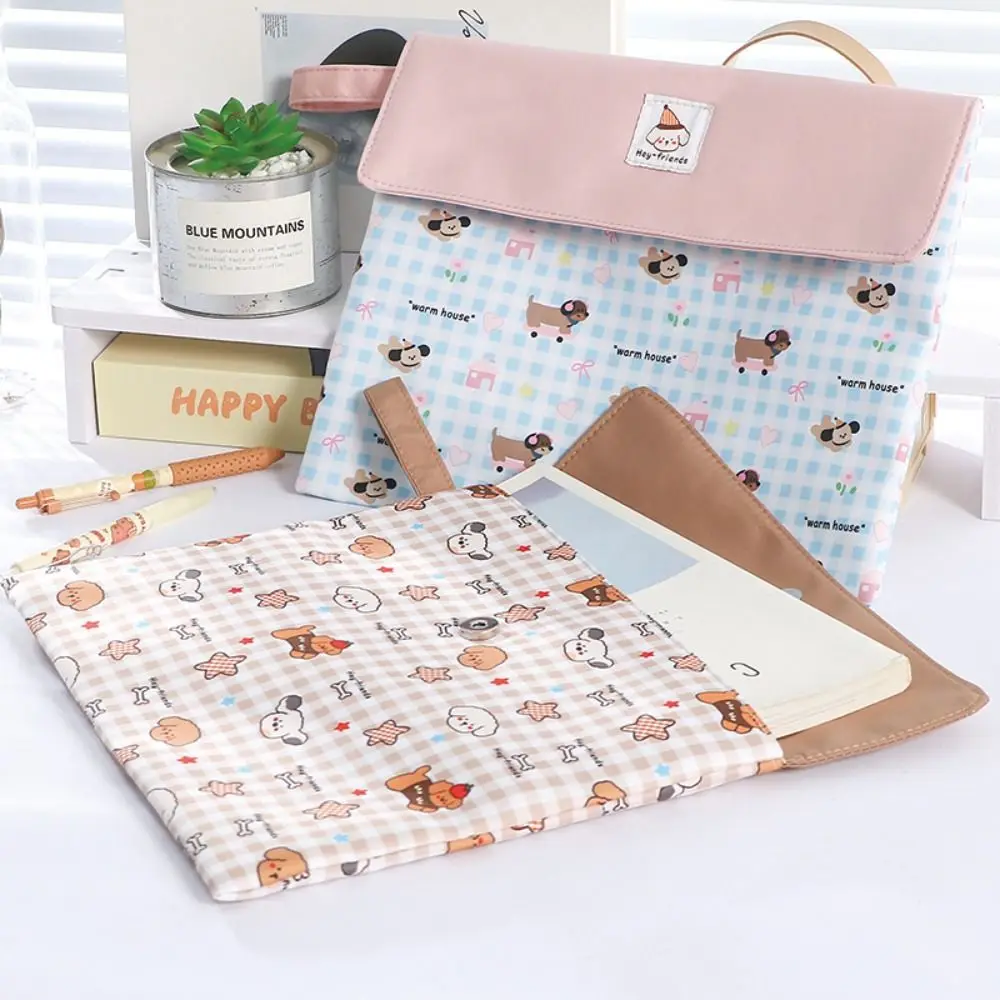 

Portable Plaid Puppy A4 File Folder Snap Button Washable Tutoring Bag Large Capacity Handheld Document Folder Students