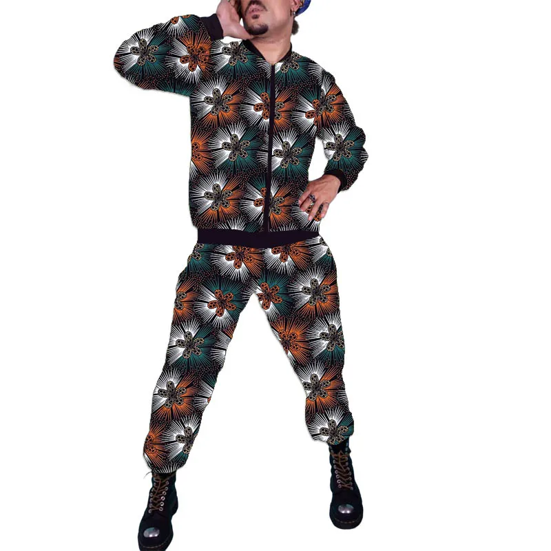 طقم بدلة رياضية رجالي مطبوع عليه شمع سترة بسحاب بنمط عرقي عتيق وسراويل مدببة أزياء أفريقية لمحبي الموضة