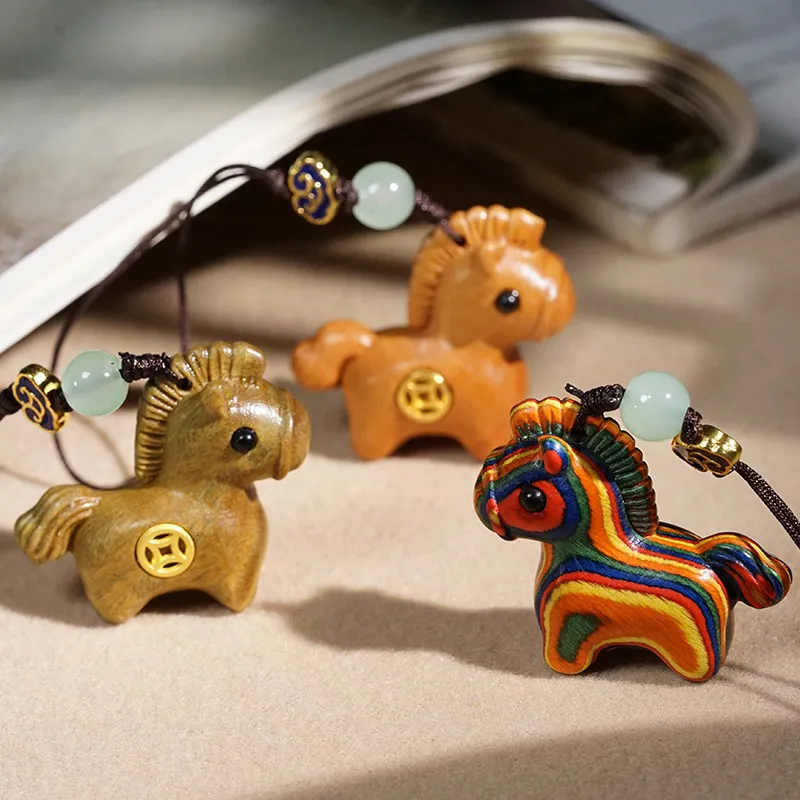 

Wooden Pony Pendant Wealthy Themed Phone Charm Keychain Small Handcrafted Wood Art Accessory Hanging Decoration Gifts