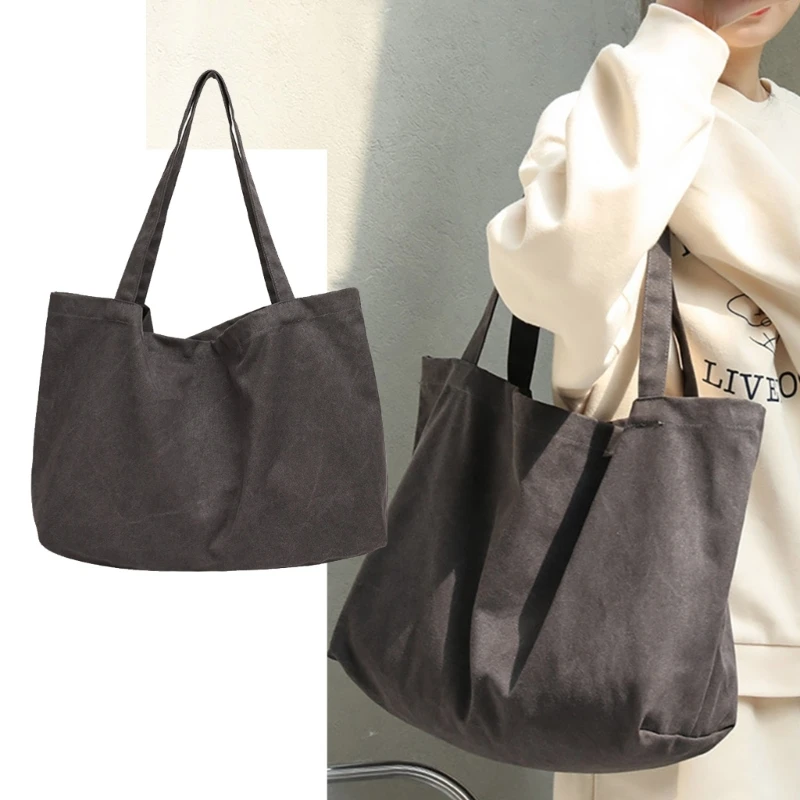 Womens Canvas Tote Bag Teens Large Capacity Shopping Bag Girls Solid Color Shoulder Bag Female Retro Casual Handbag Ins