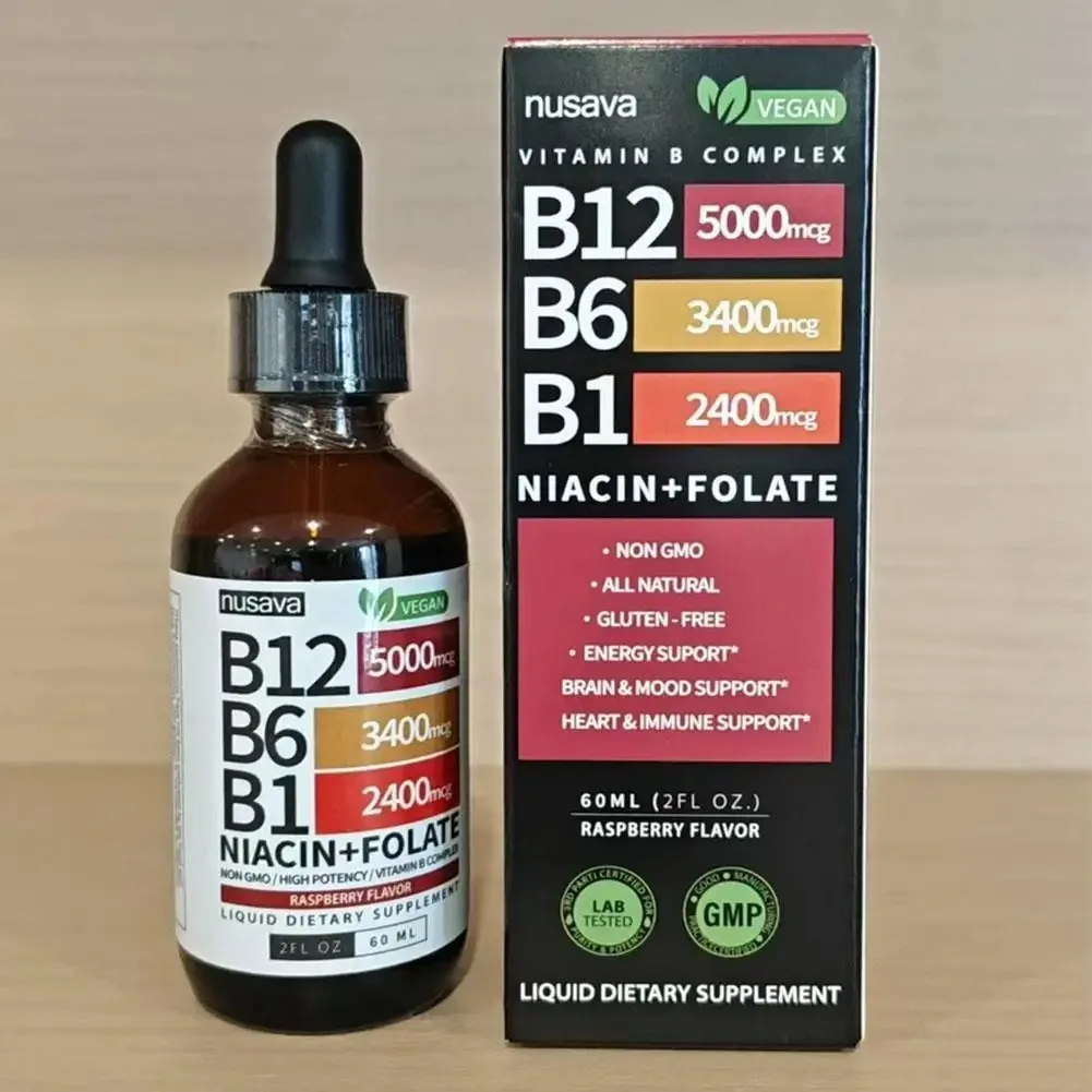 Nusava Vegan B Complex Liquid Drops | B12 5000mcg, B6, B1, Niacin & Folate, Raspberry Flavor, Energy & Mood Support